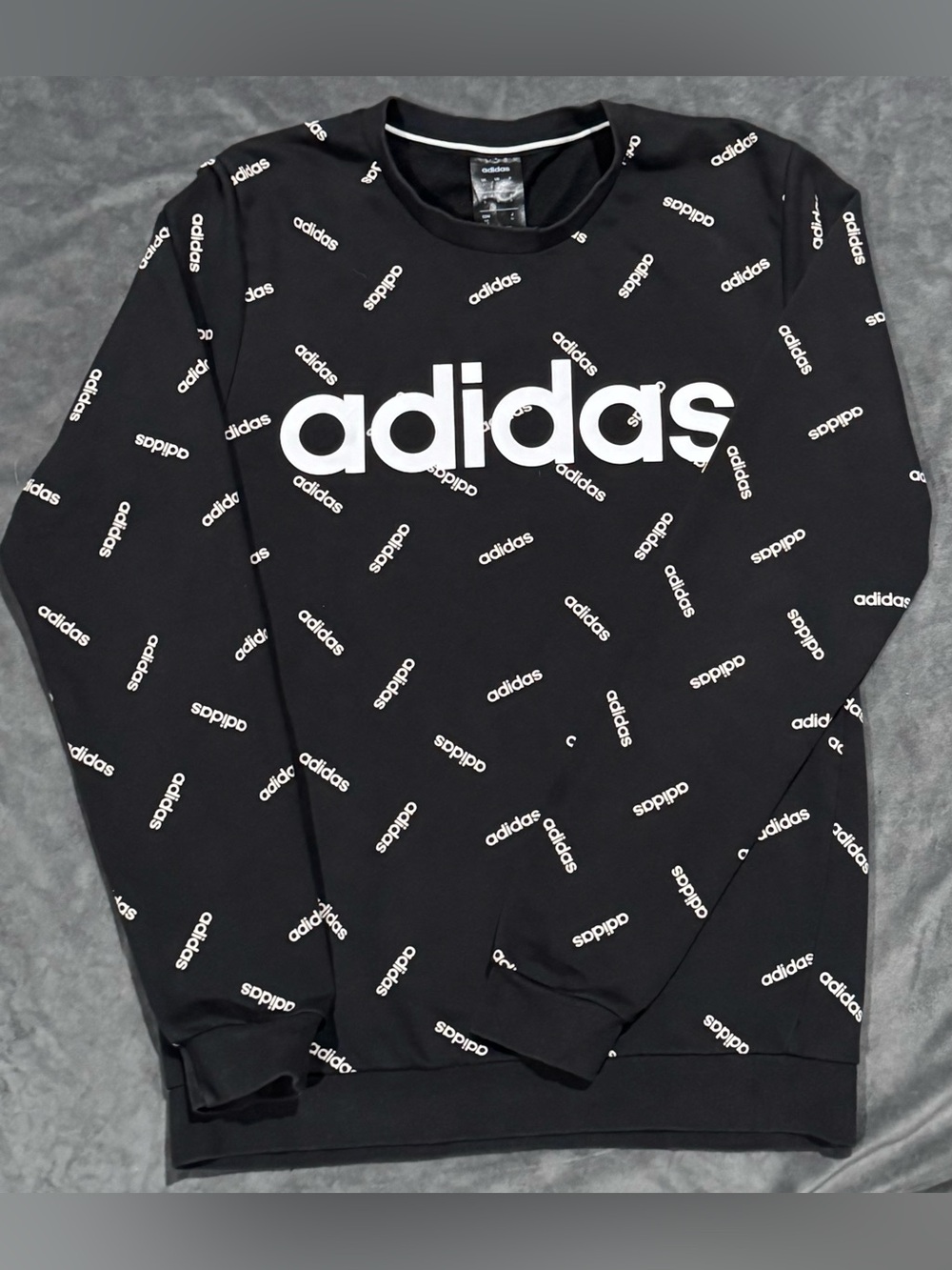 Adidas Favorites All Over Print AOP Logo Sweatshirt Crewneck Black Mens S EUC